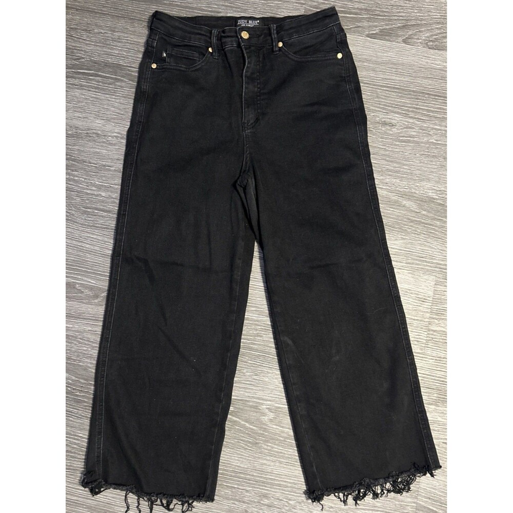 Judy Blue Wide Crop Black Jeans Women's Size 11/30 Raw Hem High Rise Stretch